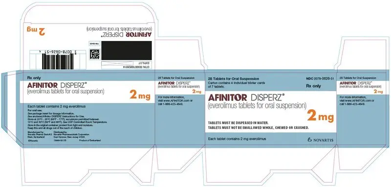 
							PRINCIPAL DISPLAY PANEL
							NDC 0078-0626-51
							Rx only
							28 Tablets for Oral Suspension
							Carton contains 4 individual blister cards of 7 tablets.
							AFINITOR DISPERZ®
							(everolimus tablets for oral suspension)
							2 mg	
							TABLETS MUST BE DISPERSED IN WATER.
							TABLETS MUST NOT BE SWALLOWED WHOLE, CHEWED OR CRUSHED.
							Each tablet contains 2 mg everolimus
							NOVARTIS
							