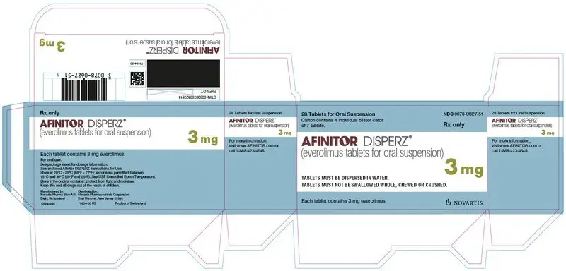 
							PRINCIPAL DISPLAY PANEL
							NDC 0078-0627-51
							Rx only
							28 Tablets for Oral Suspension
							Carton contains 4 individual blister cards of 7 tablets.
							AFINITOR DISPERZ®
							(everolimus tablets for oral suspension)
							3 mg	
							TABLETS MUST BE DISPERSED IN WATER.
							TABLETS MUST NOT BE SWALLOWED WHOLE, CHEWED OR CRUSHED.
							Each tablet contains 3 mg everolimus
							NOVARTIS
							