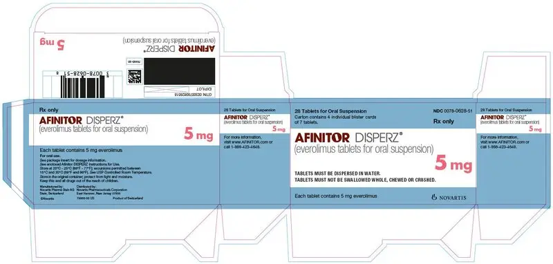 
							PRINCIPAL DISPLAY PANEL
							NDC 0078-0628-51
							Rx only
							28 Tablets for Oral Suspension
							Carton contains 4 individual blister cards of 7 tablets.
							AFINITOR DISPERZ®
							(everolimus tablets for oral suspension)
							5 mg	
							TABLETS MUST BE DISPERSED IN WATER.
							TABLETS MUST NOT BE SWALLOWED WHOLE, CHEWED OR CRUSHED.
							Each tablet contains 5 mg everolimus
							NOVARTIS
							