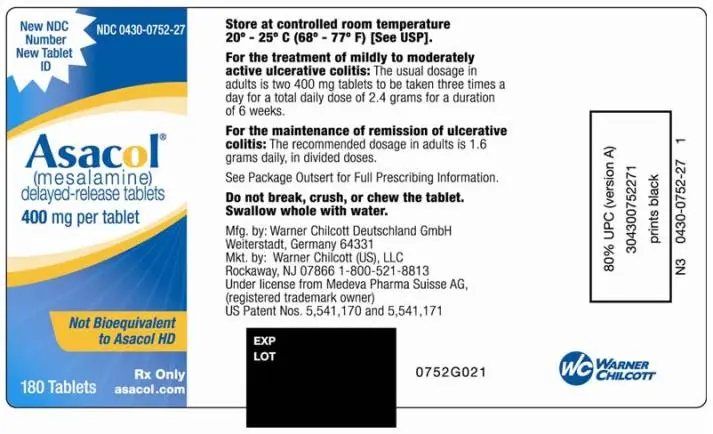 PRINCIPAL DISPLAY PANEL
NDC 0430-0752-27
Asacol® (mesalamine) delayed-release tablets
400 mg per tablet
Not Bioequivalent to Asacol HD
180 Tablets
Rx Only
asacol.com