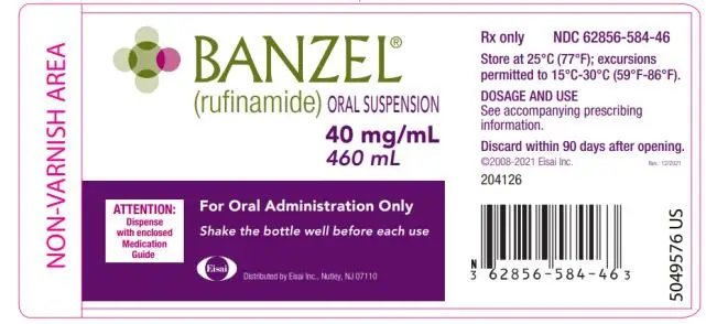 NDC 62856-584-46
BANZEL®
(rufinamide) ORAL SUSPENSION
40 mg/mL
460 mL
