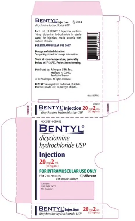 PRINCIPAL DISPLAY PANEL
NDC 58914-080-52
BENTYL
dicyclomine 
hydrochloride USP
Injection
20 mg/2 mL
(10 mg/mL)
FOR INTRAMUSCULAR USE ONLY
