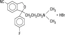  the following structural formula:Celexa contains citalopram, a selective serotonin reuptake inhibitor (SSRI). Citalopram hydrobromide is   a racemic bicyclic phthalane structure and is designated (±)-1-(3-dimethylaminopropyl)-1-(4-fluorophenyl)-1,3-dihydroisobenzofuran-5-carbonitrile hydrobromide.