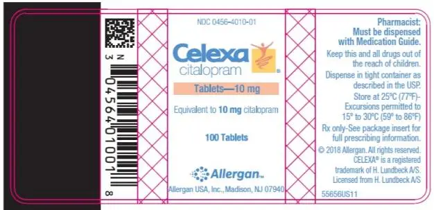 NDC 0456-4010-01
Celexa
citalopram
Tablets – 10 mg
Equivalent to 10 mg citalopram
100 Tablets
