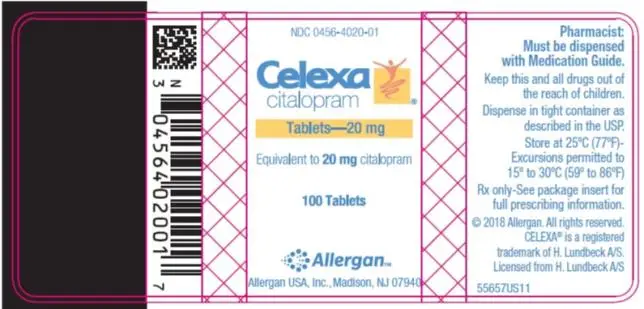 NDC 0456-4020-01
Celexa
citalopram
Tablets – 20 mg
Equivalent to 20 mg citalopram
100 Tablets
