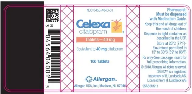 NDC 0456-4040-01
Celexa
citalopram
Tablets – 40 mg
Equivalent to 40 mg citalopram
100 Tablets
