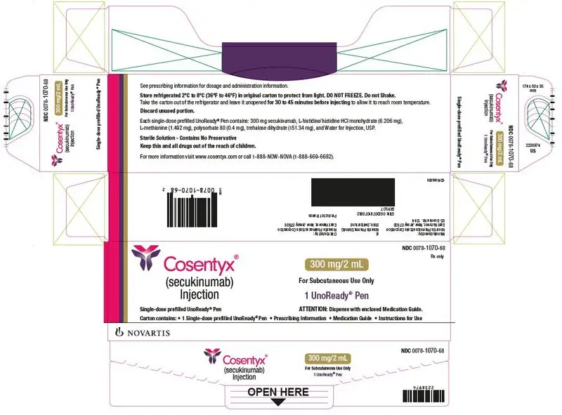 PRINCIPAL DISPLAY PANEL
								NDC 0078-1070-68
								Rx only
								Cosentyx®
								(secukinumab)
								Injection
								Single-dose prefilled UnoReady® Pen
								300 mg/2 mL
								For Subcutaneous Use Only
								1 UnoReady® Pen
								ATTENTION: Dispense with enclosed Medication Guide.
								Carton contains: • 1 Single-dose prefilled UnoReady® Pen • Prescribing Information • Medication Guide • Instructions for Use
								NOVARTIS