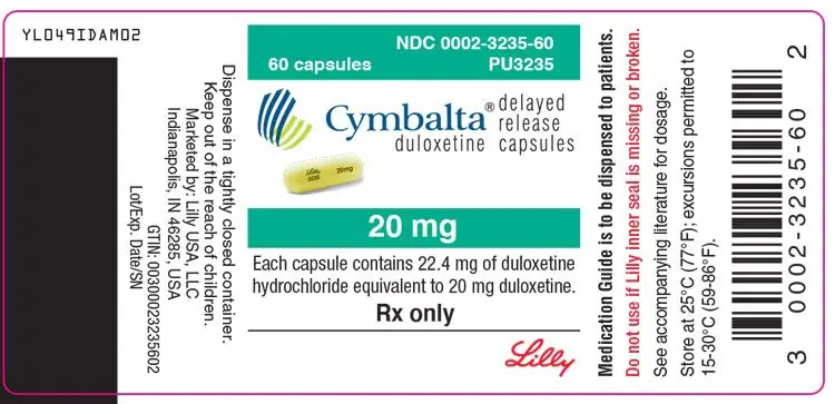 PACKAGE LABEL- Cymbalta 20 mg, bottle of 60
