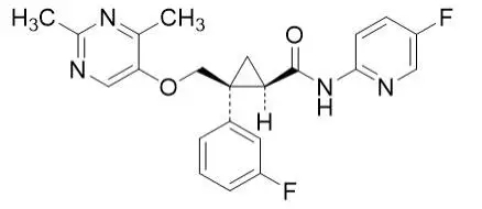 The structural formula for DAYVIGO contains lemborexant, an orexin receptor antagonist. The chemical name of lemborexant is (1R,2S)-2-{[(2,4-dimethylpyrimidin-5-yl)oxy]methyl}-2-(3-fluorophenyl)-N-(5-fluoropyridin-2-yl) cyclopropanecarboxamide. The molecular formula is C22H20F2N4O2. The molecular weight is 410.42.