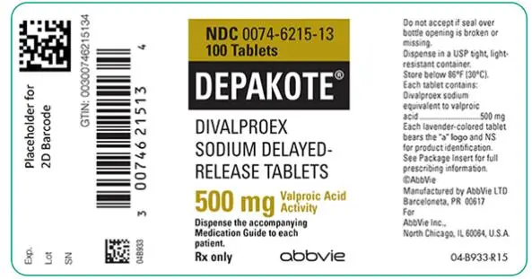 NDC 0074-6215-13 
100 Tablets 
DEPAKOTE®
DIVALPROEX SODIUM DELAYED-RELEASE TABLETS 
500 mg Valproic Acid Activity 
Dispense the accompanying Medication Guide to each patient. 
Rx only abbvie 
