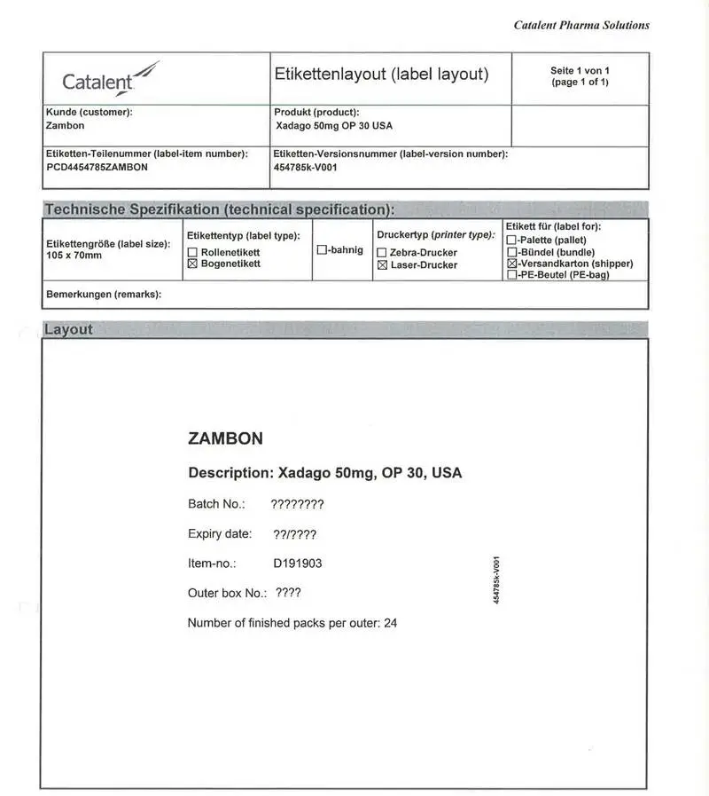 Shipper-Label Xadago-50mg