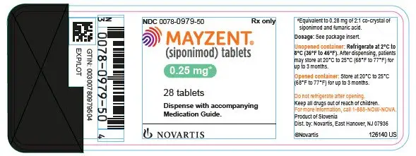 PRINCIPAL DISPLAY PANEL
								NDC 0078-0979-50
								Rx only
								MAYZENT®
								(siponimod) tablets
								0.25 mg*
								28 tablets
								Dispense with accompanying Medication Guide.
								NOVARTIS
							