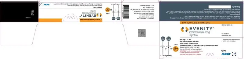 2 x 105 mg/1.17 mL Single-Use Prefilled Syringe
NDC 55513-880-02
EVENITY® 
(romosozumab-aqqg)
injection
For Healthcare 
Provider Use Only
105 mg/1.17 mL + 105 mg/1.17 mL = 1 Dose 
210 mg/2.34 mL
2 x 105 mg/1.17 mL
105 mg/1.17 mL
For Subcutaneous Use Only
Sterile Solution – No Preservative
Store Refrigerated at 2°C to 8°C (36°F to 46°F). Do not Freeze or Shake.
Store in carton to protect from light.
Keep out of the sight and reach of children.
ATTENTION: Provide the enclosed Medication
Guide to each patient. For more copies
see EVENITY.com or call 1-800-77AMGEN.
2 syringes must be administered for
a full 210 mg/2.34 mL dose
Rx Only
AMGEN® ucb