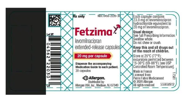 Rx only  
NDC 0456-2220-30
Fetzima®
levomilnacipran
extended-release capsules
20 mg per capsule
Dispense the accompanying
Medication Guide to each patient.
30 capsules
abbvie
