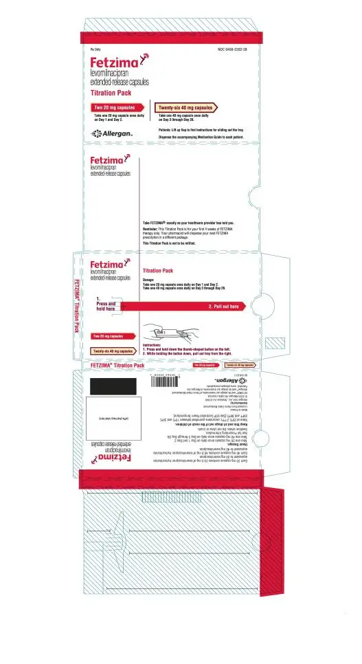 Rx Only  
NDC 0456-2202-28
Fetzima®
levomilnacipran
extended-release capsules
Titration Pack
Two 20 mg Capsules
Take one 20 mg capsule once daily
on Day 1 and Day 2. 
Twenty-six 40 mg capsules
Take one 40 mg capsule once daily
on Day 3 through Day 28.
Patients: Lift up flap to find Instructions for sliding out the tray.
Dispense the accompanying Medication Guide to each patient.
abbvie
 
