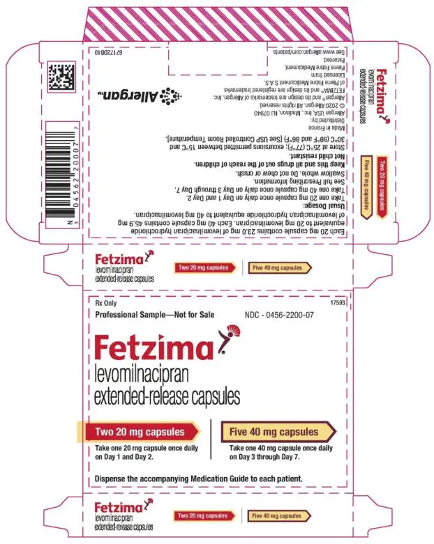 Rx Only  
Professional Sample-Not for Sale
NDC 0456-2200-07
Fetzima®
levomilnacipran
extended-release capsules
Titration Pack
Two 20 mg Capsules
Take one 20 mg capsule once daily
On Day 1 and Day 2. 
Five 40 mg capsules
Take one 40 mg capsule once daily
On Day 3 through Day 7.
Dispense the accompanying Medication Guide to each patient.

