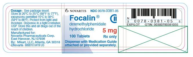 PRINCIPAL DISPLAY PANEL
									NOVARTIS
									NDC 0078-0381-05
									Focalin®
									dexmethylphenidate hydrochloride
									5 mg
									100 tablets
									Rx only
									Dispense with Medication Guide attached or provided separately.
									