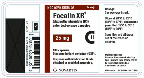 PRINCIPAL DISPLAY PANEL
									NDC 0078-0608-05
									Rx only
									Focalin XR®
									(dexmethylphenidate HCl)
									extended-release capsules
									25 mg
									100 capsules
									Dispense in tight container (USP).
									Dispense with Medication Guide attached or provided separately.
									NOVARTIS