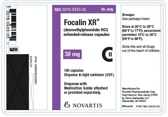 PRINCIPAL DISPLAY PANEL
									NDC 0078-0433-05
									Rx only
									Focalin XR®
									(dexmethylphenidate HCl)
									extended-release capsules
									30 mg
									100 capsules
									Dispense in tight container (USP).
									Dispense with Medication Guide attached or provided separately.
									NOVARTIS