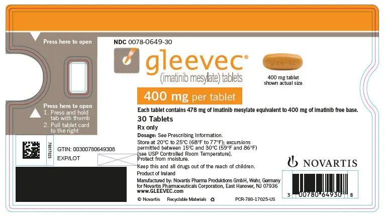 NDC 0078-0649-30gleevec®
								(imatinib mesylate) tablets
								400 mg per tablet
								Each tablet contains 400 mg of imatinib free base
								30 Tablets
								Rx only
								NOVARTIS
							