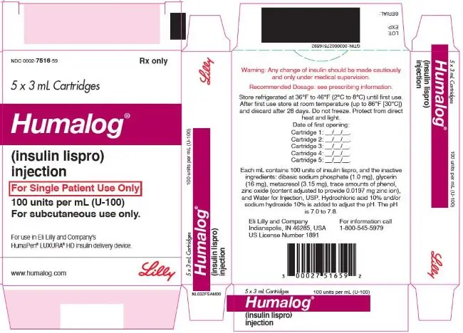 PACKAGE CARTON – HUMALOG Cartridge 5ct x 3 mL
