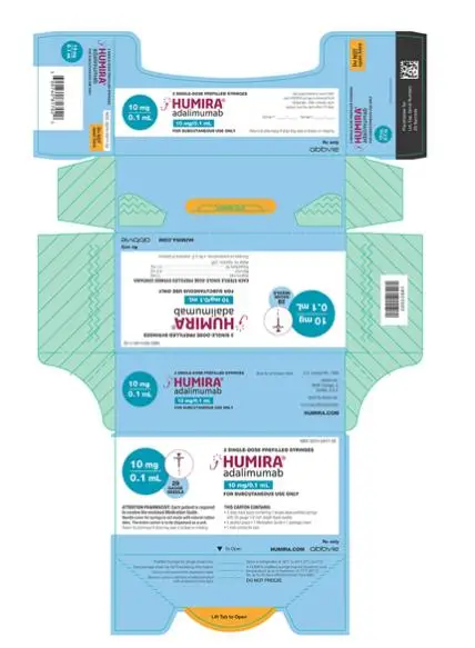 NDC 0074-0817-02 
2 SINGLE-DOSE PREFILLED SYRINGES
HUMIRA®
adalimumab
10 mg/0.1 mL
FOR SUBCUTANEOUS USE ONLY
10 mg/0.1 mL
29 GAUGE NEEDLE
ATTENTION PHARMACIST: Each patient is required to receive the enclosed Medication Guide.
Needle cover for syringe is not made with natural rubber latex. The entire carton is to be dispensed as a unit.
Return to pharmacy if dose tray seal is broken or missing. 
THIS CARTON CONTAINS:
• 2 dose trays each containing 1 single-dose prefilled syringe with 29 gauge 1/2 inch length fixed needle.
• 2 alcohol preps
• 1 Medication Guide
• 1 package insert
• Instructions for Use
HUMIRA.com
Rx only
abbvie
