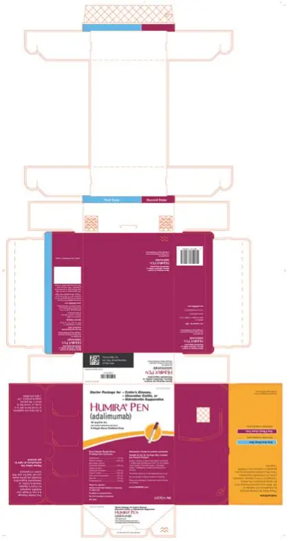 NDC 0074-4339-06 
Starter Package for 
- Crohn’s Disease, - 
Ulcerative Colitis, or 
- Hidradenitis Suppurativa
HUMIRA® PEN 
(adalimumab)
40 mg/0.8 mL
FOR SUBCUTANEOUS USE ONLY
6 Single-Dose Prefilled Pens
Each Sterile Single-Dose
Prefilled Pen contains:
Adalimumab..... 40 mg 
Sodium chloride.....4.93 mg 
Monobasic sodium phosphate dihydrate.....0.69 mg 
Dibasic sodium phosphate dihydrate.....1.22 mg 
Sodium citrate.....0.24 mg 
Citric acid monohydrate.....1.04 mg 
Mannitol.....9.6 mg 
Polysorbate 80.....0.8 mg 
Water for injection
Sodium hydroxide added as necessary to adjust pH.
Contains no preservatives.
No U.S. standard of potency.
Medication Guide for patient enclosed. 
Needle Cover for Syringe May Contain Dry Natural Rubber.
Carton contains 6 dose trays (each containing 1 single-dose prefilled pen with 1/2 inch length fixed needle), 6 alcohol preps, 1 Package Insert, 1 Medication Guide and Instructions for Use. 
The entire carton is to be dispensed as a unit. 
Do not accept if seal is broken or missing. 
Return to pharmacy if dose tray seal is broken or missing. 
www.HUMIRA.com
Rx only
abbvie
