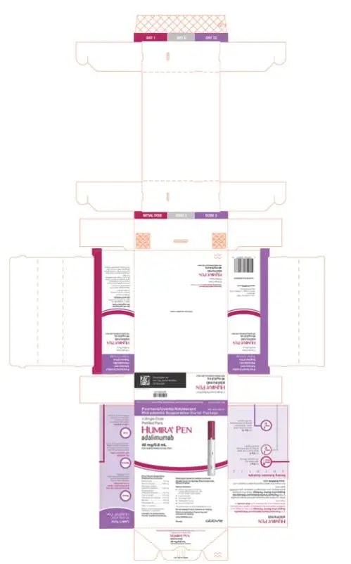 NDC 0074-4339-07 
Psoriasis/Uveitis/Adolescent
Hidradenitis Suppurativa Starter Package
4 Single-Dose
Prefilled Pens 
HUMIRA® PEN 
adalimumab
40 mg/0.8 mL
FOR SUBCUTANEOUS USE ONLY
Each Sterile Single-Dose
Prefilled Pen Contains:
Adalimumab.....40 mg 
Sodium chloride.....4.93 mg 
Monobasic sodium phosphate dihydrate.....0.69 mg 
Dibasic sodium phosphate dihydrate.....1.22 mg 
Sodium citrate.....0.24 mg 
Citric acid monohydrate.....1.04 mg 
Mannitol.....9.6 mg 
Polysorbate 80.....0.8 mg 
Water for injection. 
Sodium hydroxide added as necessary to adjust pH. 
Contains no preservatives.
No U.S. standard of potency.
Medication Guide for patient enclosed.
Needle Cover for Syringe May Contain Dry Natural Rubber.
Carton Contains:
• 4 dose trays (each containing 1 single-dose prefilled pen with 1/2 inch length fixed needle)
• 4 alcohol preps
• 1 package insert
• 1 Medication Guide
• Instructions for Use
The entire carton is to be dispensed as a unit. 
Do not accept if seal is broken or missing.
Return to pharmacy if dose tray seal is broken or missing.
www.HUMIRA.com 
Rx only
abbvie
