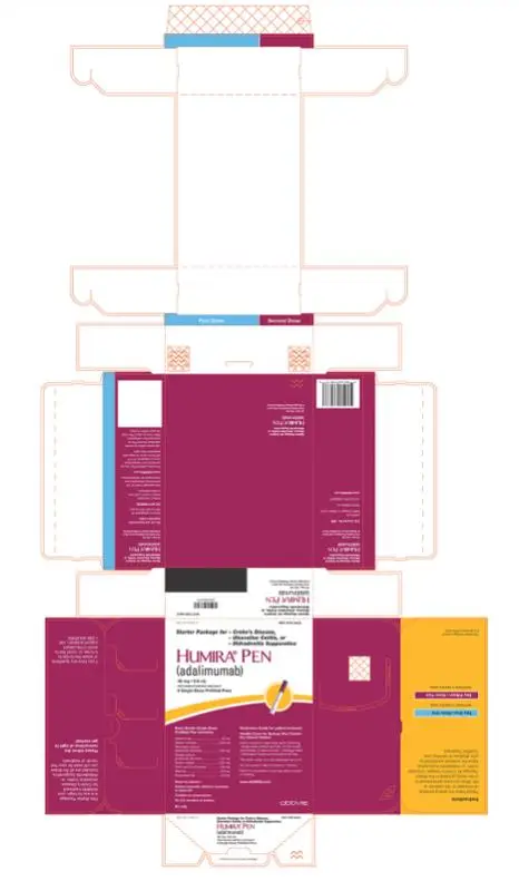 NDC 0074-4339-73 
NOT FOR SALE
Starter Package for 
- Crohn’s Disease, 
- Ulcerative Colitis, or 
- Hidradenitis Suppurativa
HUMIRA® PEN 
(adalimumab)
40 mg/0.8 mL
FOR SUBCUTANEOUS USE ONLY
6 Single-Dose Prefilled Pens
Each Sterile Single-Dose
Prefilled Pen Contains:
Adalimumab.....40 mg 
Sodium chloride.....4.93 mg 
Monobasic sodium phosphate dihydrate.....0.69 mg 
Dibasic sodium phosphate dihydrate.....1.22 mg 
Sodium citrate.....0.24 mg 
Citric acid monohydrate.....1.04 mg 
Mannitol.....9.6 mg 
Polysorbate 80.....0.8 mg 
Water for injection.
Sodium hydroxide added as necessary to adjust pH.
Contains no preservatives.
No U.S. standard of potency.
Medication Guide for patient enclosed.
Needle Cover for Syringe May Contain Dry Natural Rubber.
Carton contains 6 dose trays (each containing
1 single-dose prefilled pen with 1/2 inch length
fixed needle), 6 alcohol preps, 1 Package Insert,
1 Medication Guide and Instructions for Use. 
The entire carton is to be dispensed as a unit. 
Do not accept if seal is broken or missing. 
Return to physician if dose tray seal is broken or missing. 
www.HUMIRA.com 
Rx only
abbvie
