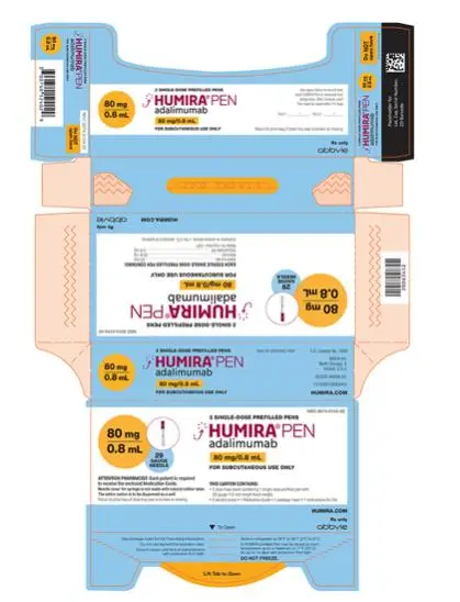 NDC 0074–0124–02 
2 SINGLE-DOSE PREFILLED PENS
HUMIRA® PEN 
adalimumab
80 mg/0.8 mL
FOR SUBCUTANEOUS USE ONLY
80 mg/0.8 mL
29 GAUGE NEEDLE
ATTENTION PHARMACIST: Each patient is required to receive the enclosed Medication Guide.
Needle cover for syringe is not made with natural rubber latex.
The entire carton is to be dispensed as a unit.
Return to pharmacy if dose tray seal is broken or missing. 
THIS CARTON CONTAINS:
• 2 dose trays (each containing 1 single-dose prefilled pen with 29 gauge 1/2 inch length fixed needle)
• 2 alcohol preps
• 1 Medication Guide
• 1 package insert
• 1 Instructions for Use
HUMIRA.COM
Rx only
abbvie
