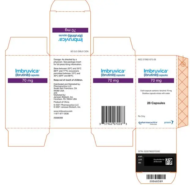 PRINCIPAL DISPLAY PANEL - 28 Capsule Bottle Carton
NDC 57962-070-28
Imbruvica®
(ibrutinib) capsules
70 mg
Each capsule contains: ibrutinib 70 mg
Swallow capsules whole with water
28 Capsules
Rx Only
pharmacyclics®
An AbbVie Company
janssen


