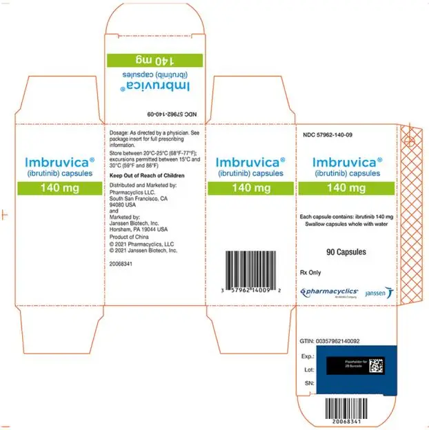 PRINCIPAL DISPLAY PANEL - 90 Capsule Bottle Carton
NDC 57962-140-09
Imbruvica®
(ibrutinib) capsules
140 mg
Each capsule contains: ibrutinib 140 mg
Swallow capsules whole with water
90 Capsules
Rx Only
pharmacyclics®
An AbbVie Company
janssen
