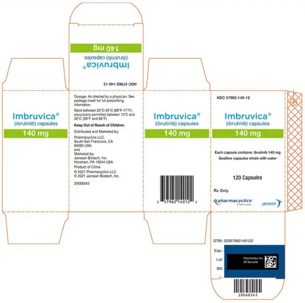 PRINCIPAL DISPLAY PANEL - 120 Capsule Bottle Carton
NDC 57962-140-12
Imbruvica®
(ibrutinib) capsules
140 mg
Each capsule contains: ibrutinib 140 mg
Swallow capsules whole with water
120 Capsules
Rx Only
pharmacyclics®
An AbbVie Company
janssen
