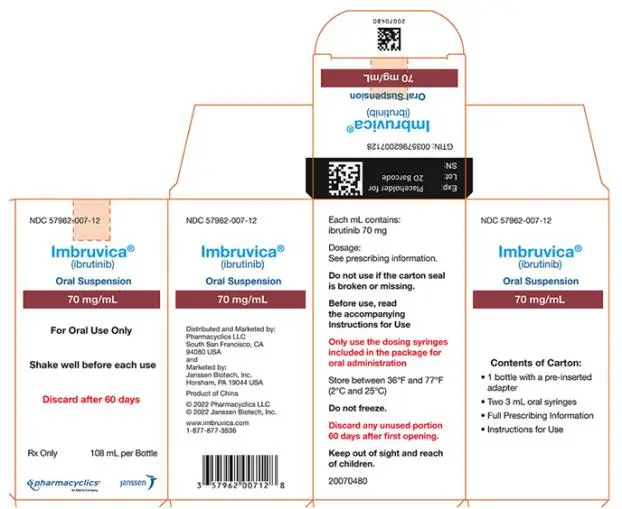 NDC 57962-007-12
Imbruvica®
(ibrutinib)
Oral Suspension
70 mg/mL
For Oral Use Only
Shake well before each use
Discard after 60 Days

Rx Only
108mL per Bottle 
pharmacyclics®
An AbbVie Company
janssen
