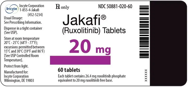 Jakafi (Ruxolitinib) 20mg Tablets - 60 Tablet Bottle Label