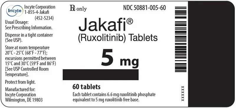 Jakafi (Ruxolitinib) 5mg Tablets - 60 Tablet Bottle Label