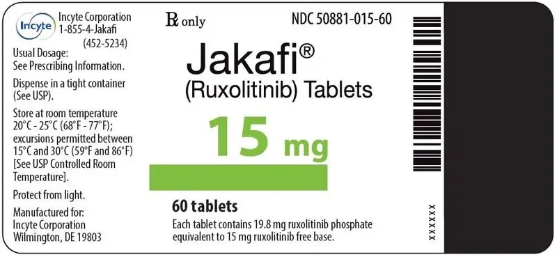 Jakafi (Ruxolitinib) 15mg Tablets - 60 Tablet Bottle Label