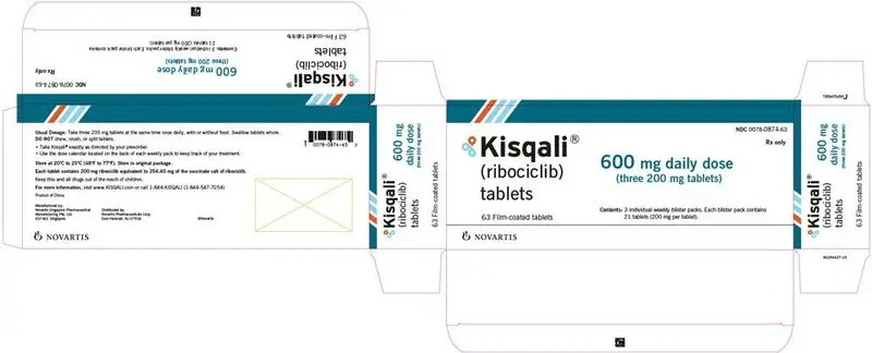 PRINCIPAL DISPLAY PANEL
								NDC 0078-0874-63
								Rx only
								Kisqali®
								(ribociclib)
								tablets
								600 mg daily dose
								(three 200 mg tablets)
								63 Film-coated tablets
								Contents: 3 individual weekly blister packs. Each blister pack contains 21 tablets (200 mg per tablet).
								NOVARTIS