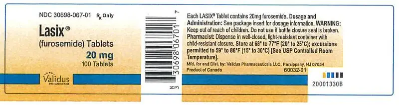 PRINCIPAL DISPLAY PANEL
NDC 30698-067-01
Lasix
(furosemide)Tablets
20 mg
100 Tablets
Rx Only
