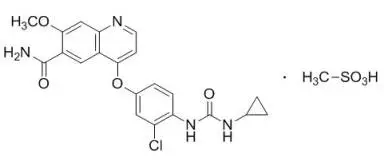 The chemical structure of lenvatinib mesylate is LENVIMA, a kinase inhibitor, is the mesylate salt of lenvatinib. Its chemical name is 4-[3-chloro-4-(N’-cyclopropylureido)phenoxy]-7-methoxyquinoline-6 carboxamide methanesulfonate. The molecular formula is C21H19ClN4O4 • CH4O3S, and the molecular weight of the mesylate salt is 522.96. 