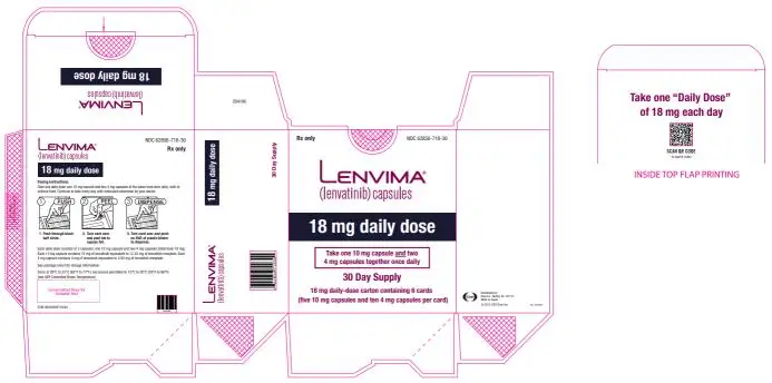 NDC 62856-718-30
Lenvima
(lenvatinib) capsules
18 mg daily dose
30 day supply
18 mg daily-dose carton containing 6 cards
