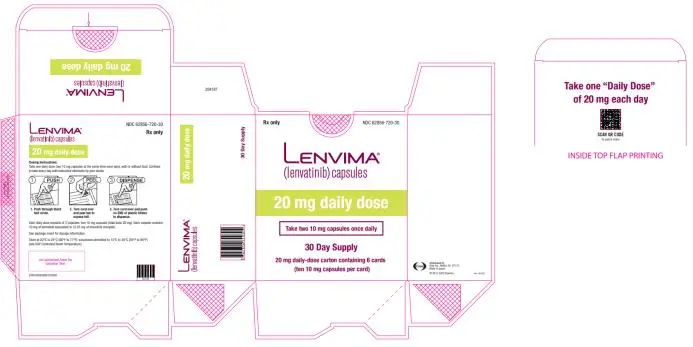 NDC 62856-720-30
Lenvima
(lenvatinib) capsules
20 mg daily dose
30 day supply
20 mg daily-dose carton containing 6 cards
