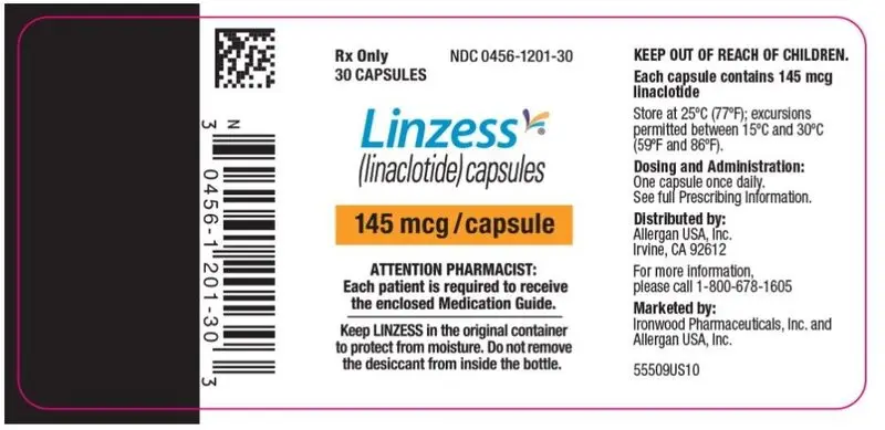 PRINCIPAL DISPLAY PANEL
NDC 0456-1201-30
Rx Only
30 CAPSULES
Linzess
(linaclotide) capsules
145 mcg/capsule
