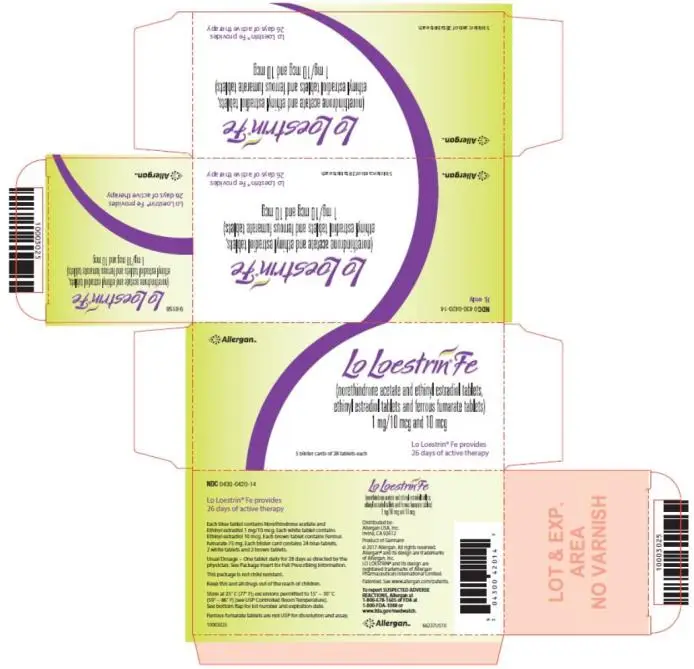 NDC 0430-0420-14
Rx only
Lo Loestrin® Fe 
(norethindrone acetate and ethinyl estradiol tablets,
ethinyl estradiol tablets and ferrous fumarate tablets)
1 mg/10 mcg and 10 mcg
Lo Loestrin® Fe provides
26 days of active therapy
5 blister cards of 28 tablets each
Allergan
