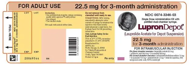 NDC 0074-3346-03 
FOR ADULT USE 
22.5 mg for 3-month administration 
Single Dose Administration Kit with prefilled dual-chamber syringe. 
LupronDepot®
(Leuprolide Acetate for Depot Suspension) 
22.5 mg for 3-month administration 
FOR INTRAMUSCULAR INJECTION 
The front chamber contains: leuprolide acetate 22.5 mg 
• polylactic acid 198.6 mg • D-mannitol 38.9 mg 
The second chamber contains: carboxymethylcellulose sodium 7.5 mg 
• D-mannitol 75.0 mg • polysorbate 80 1.5 mg • water for injection, USP, 
and glacial acetic acid, USP to control pH 
Rx only 
