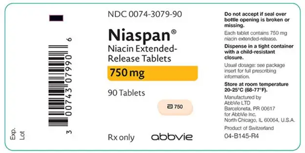 NDC 0074–3079–90 
Niaspan®
Niacin Extended-Release Tablets 750 mg 90 Tablets 
Rx only abbvie 
