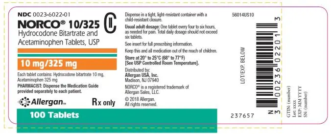 NDC 0023-6022-01
NORCO® 10/325
Hydrocodone Bitartrate and
Acetaminophen Tablets, USP
10 mg/325 mg
100 Tablets
Rx only
