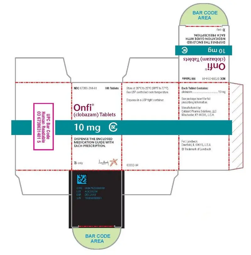 NDC 67386-314-01 100 Tablets Onfi® (clobazam) Tablets 10 mg C-IV DISPENSE THE ENCLOSED MEDICATION GUIDE WITH EACH PRESCRIPTION. Rx only