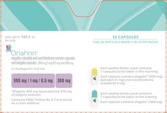 NDC 0074-1017-56 
Rx only 
56 CAPSULES
FOR 28 DAYS IN 4 WEEKLY BLISTER PACKS
Oriahnn®
elagolix, estadiol and norethindrone acetate capsules and elagolix capsules 300 mg/1 mg/0.5 mg and 300 mg 
Co-Packaged for Oral Use 
300 mg / 1 mg / 0.5 mg  300mg
*Elagolix 300 mg (equivalent to 310 mg of elagolix sodium) 
Contains FD&C Yellow No. 5 (Tartrazine) as a color additive 
Each weekly blister pack contains 7 capsules to be taken in the morning 
Each capsule contains elagolix* (300 mg), estradiol (1 mg) and norethindrone acetate (0.5 mg) 
Each weekly blister pack contains 7 capsules to be taken in the evening 
Each capsule contains elagolix* (300 mg) 
