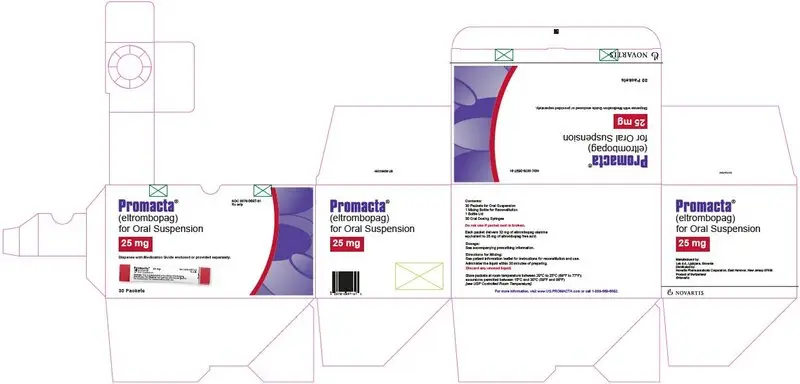 NDC 0078-0697-61
								Rx only
								Promacta®
								(eltrombopag)
								for Oral Suspension
								25 mg
								Dispense with Medication Guide enclosed or provided separately.
								30 Packets
								NOVARTIS
							